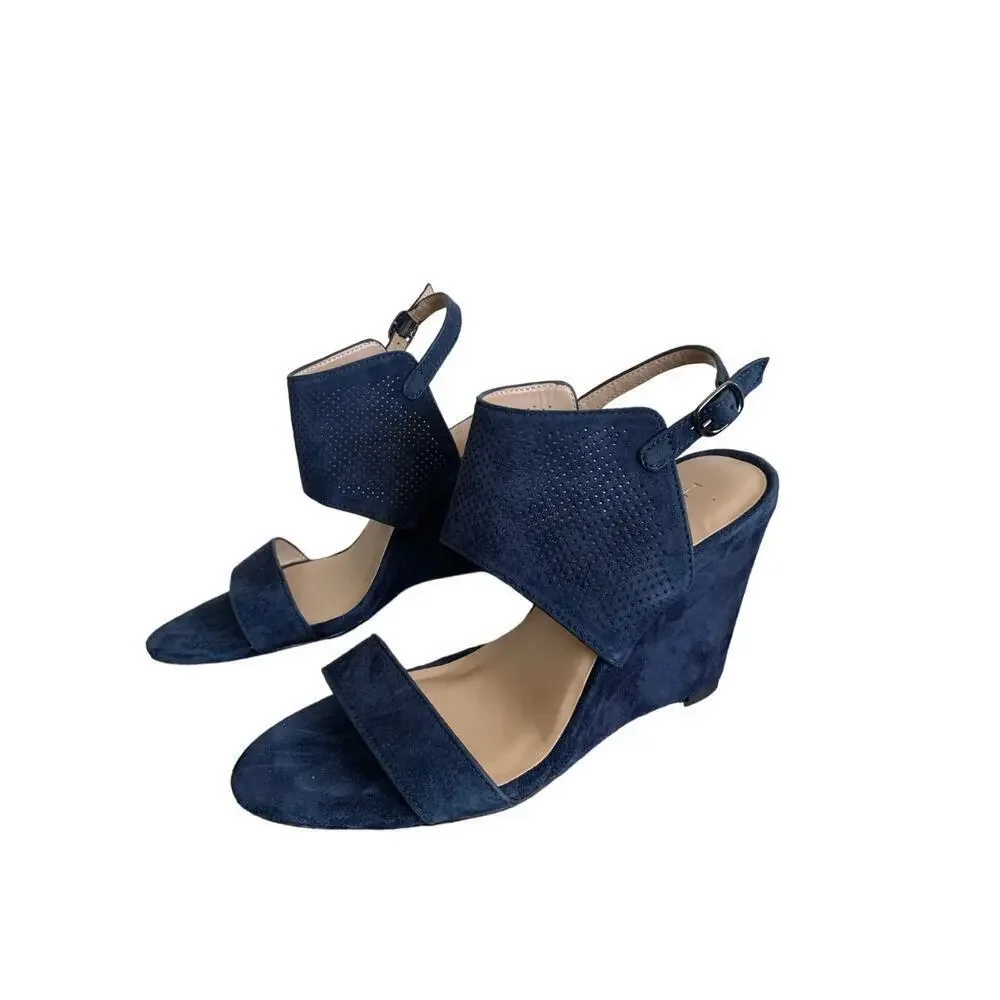 H by Halston Suede Open Toe Wedge Navy Blue McKenzie Sandals Size 5.5 NWOT
